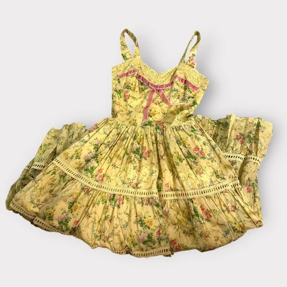Kitten D’Amour Cottage Core, Fairy, Yellow Floral, Pink Lace Bow Dress - Picture 4 of 11